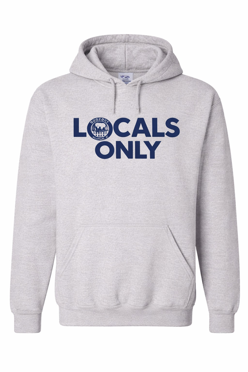 Light gray Locals Only hoodie with navy Dogport graphic